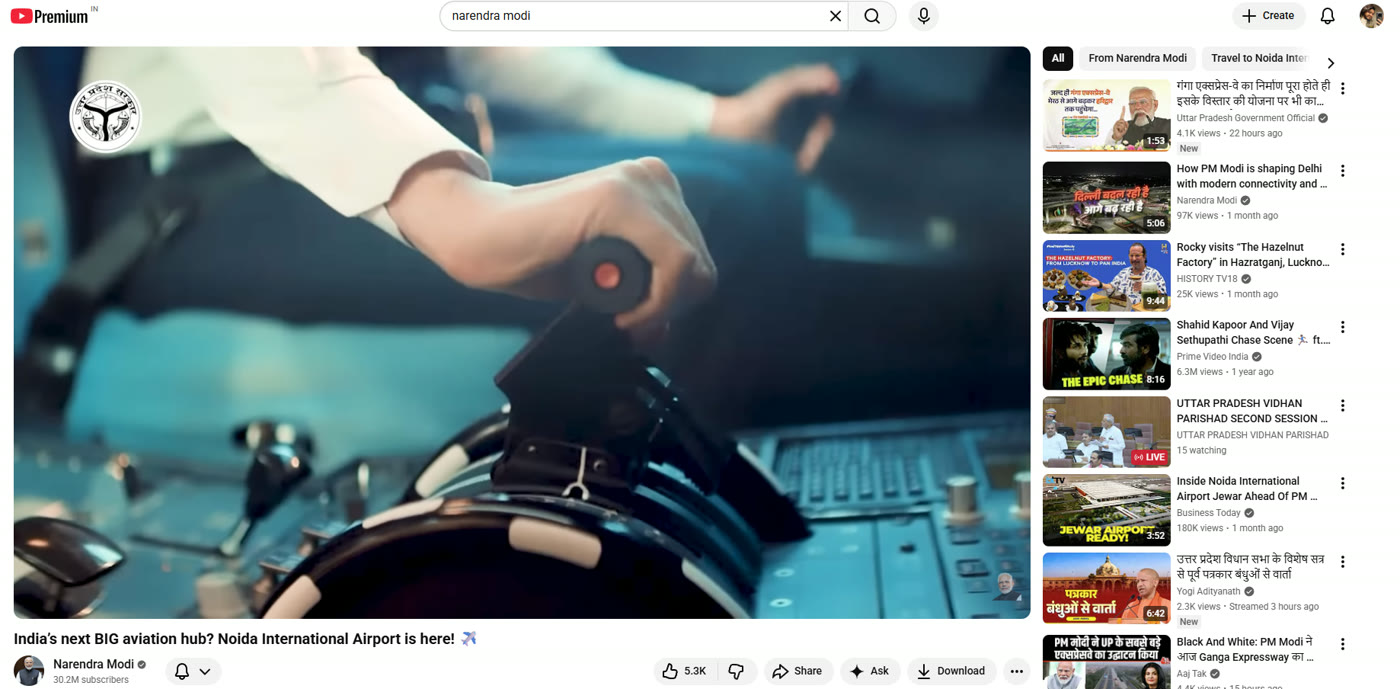 Screenshot of the Jewar airport film playing on Narendra Modi's YouTube channel